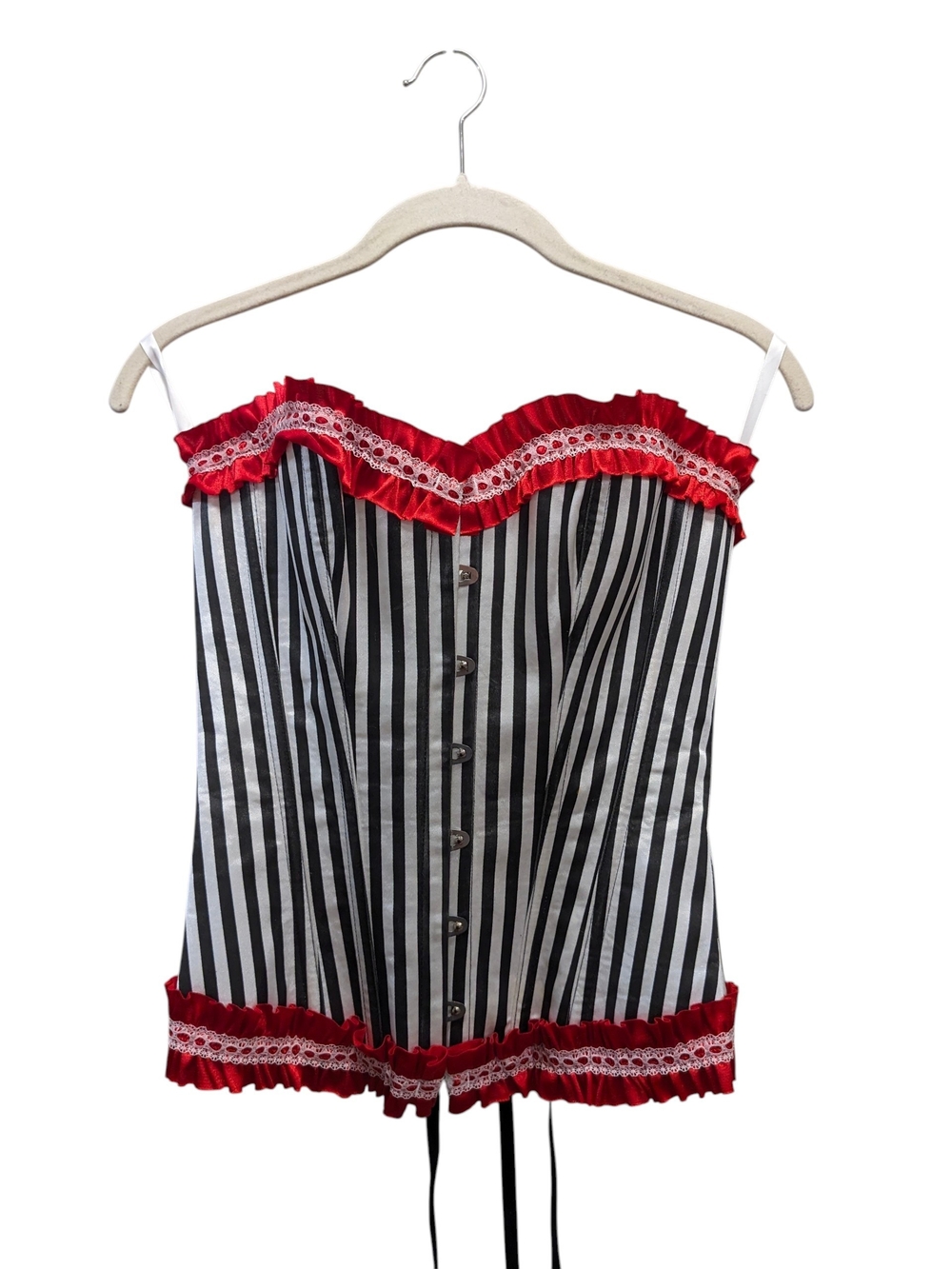Frederick's of Hollywood Black/White Striped Lace Up Corset Red Ruffle Sz M